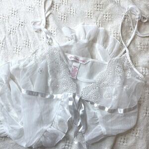Victoria's Secret Y2K Boho Sheer White Lace Ruffle Babydoll‎ Chemise Cami Medium
